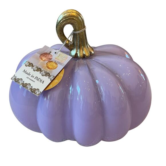 Lavender LED Glass Pumpkin w/ Gold Metal Stem Made in India Fall Decor NEW - Picture 11 of 12